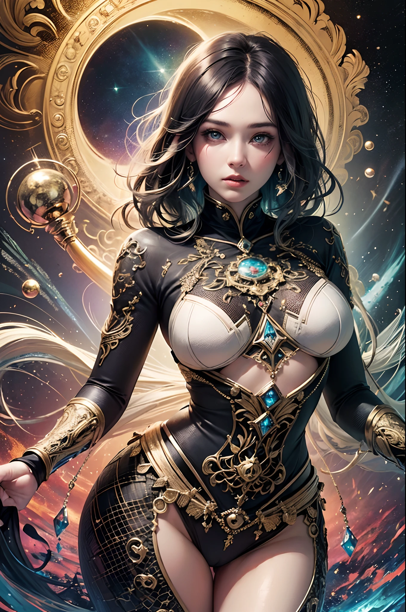 ((Best quality, 8k, Masterpiece :1.3)) beautiful woman: 1.3, beautiful face, full body portrait, whole body, saturated colors, psychedelic image, LSD, mandala, fractral, costume, tattoo, painted body, wedding outfit, body leaning forward, art similar to Alex Grey's art, lots of color saturation, vortex, ultra realistic, planet earth, galaxy, with lots of lighting, shading and contrast, RPG, mage, realistic eyes, green iris, 3D depth --auto --s2