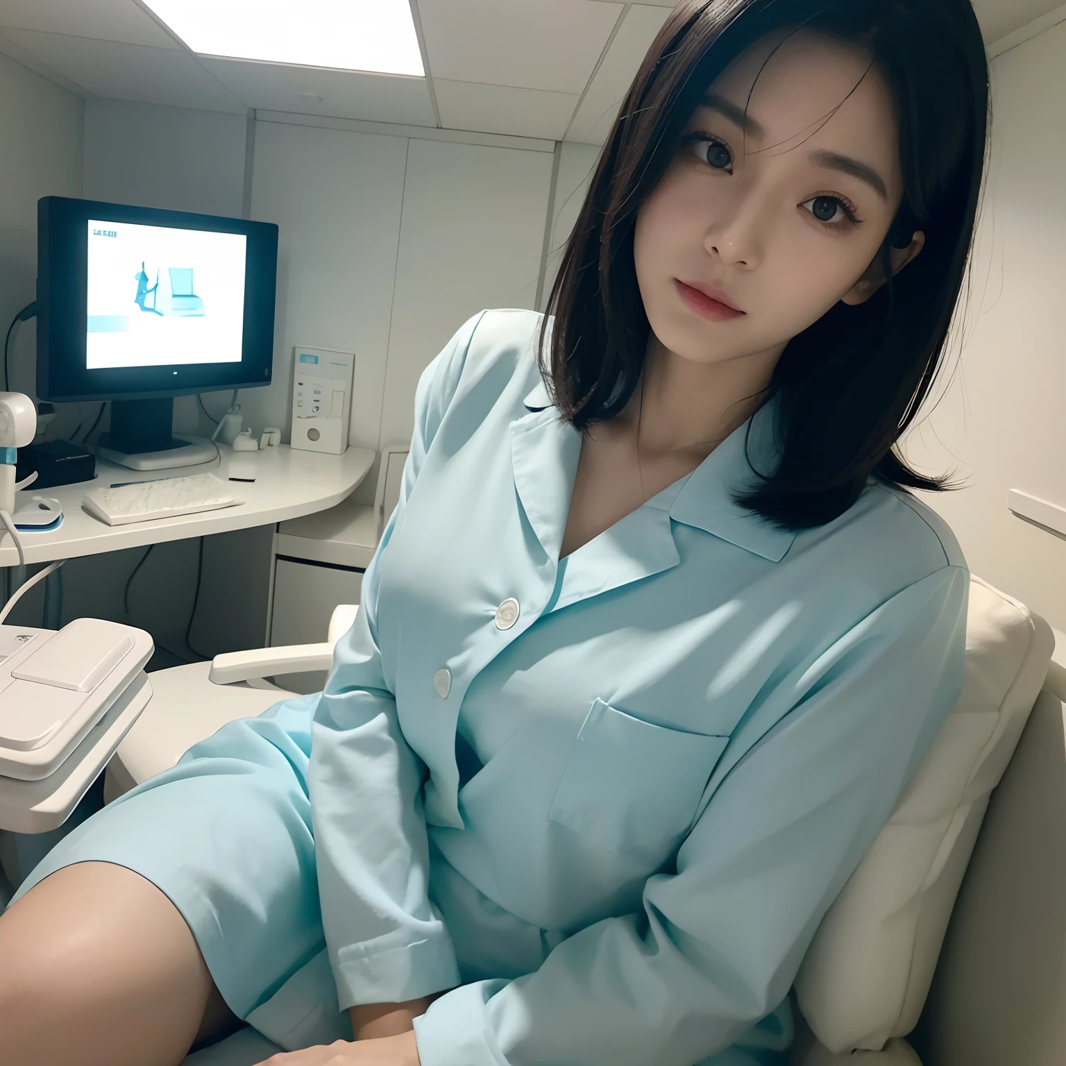 Cyan LED Lighting、Future、Hospital Room、Near Future Ward、Nurse、White nurse uniform、a picture、masterpiece、top-quality、Black Hair Bob、de pele branca、Beautiful Japan woman in different poses、hyperdetailed face、A detailed eye、Near Future Ward、Comfortable hospital room、Sense of cleanliness、