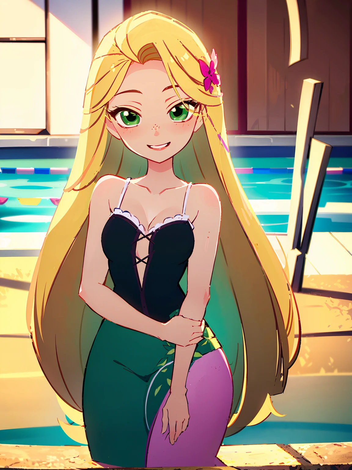 (masterpiece, best quality, high resolution: 1.5) Rapunzel stands up in the pool and kisses the camera. rapunzel, stands in the pool, faces the viewer, green island outfit, (loose hair: 1.7), great smile, green eyes, Rapunzel kisses the viewer