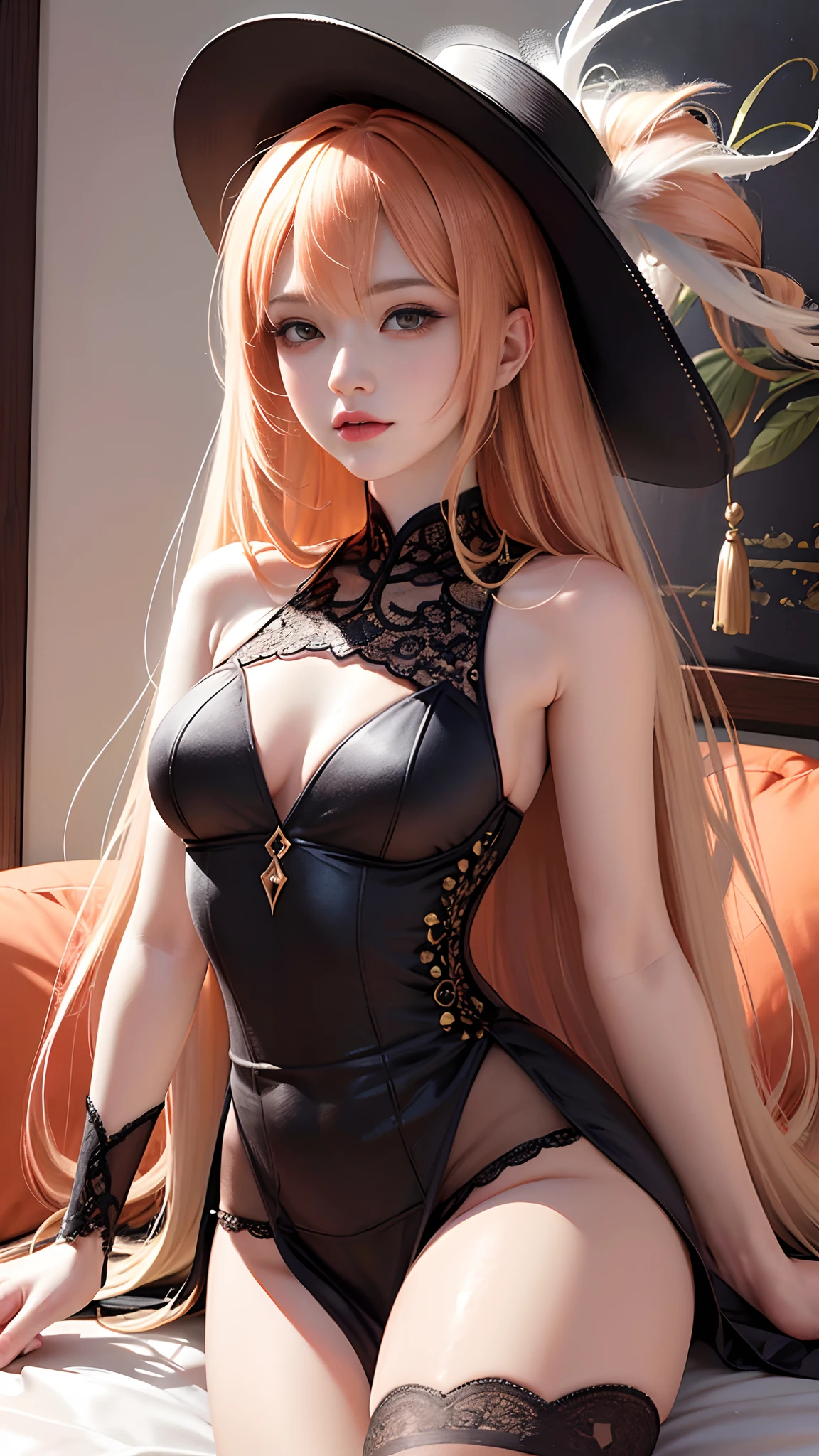 Drawing a woman with long hair and a feather hat, detailed portrait of anime girl, portrait anime girl, Artgerm. High detail, stunning anime face portrait, small breasts, digital anime art, art germ. Anime illustration, detailed digital anime art, anime girl portrait, orange lace, realistic digital art 4k, realistic digital art 4k, realistic, aesthetic, sitting poses,