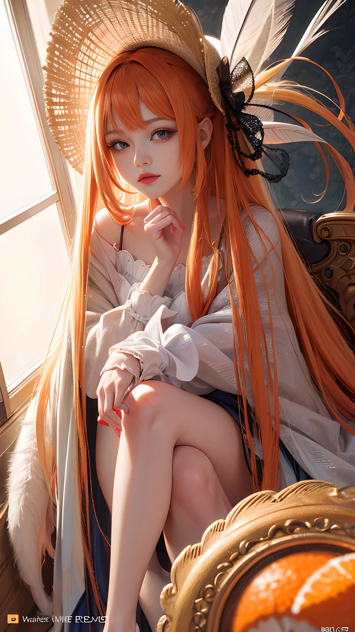 Drawing a woman with long hair and a feather hat, detailed portrait of anime girl, portrait anime girl, Artgerm. High detail, stunning anime face portrait, small breasts, digital anime art, art germ. Anime illustration, detailed digital anime art, anime girl portrait, orange lace, realistic digital art 4k, realistic digital art 4k, realistic, aesthetic, sitting poses,