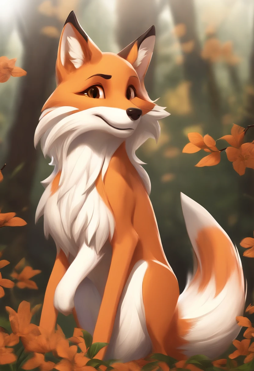 (best quality,highres,ultra-detailed,realistic:1.37),femboy fox,[big paws],[fluffy tail],beautiful detailed eyes,small button nose,[cute pointy ears],soft fur,[vibrant orange fur],[charming smile],graceful posture,[curved tail],[striking red coat],playful expression,expressive eyes,wispy whiskers,[gentle disposition],[elegant pose],curious gaze,[natural woodland setting],[sunlit scene],lush greenery,[glimmering sunlight],whispering breeze,[colorful wildflowers],[tranquil atmosphere],slender body,graceful movements,[intricate patterns],[dainty claws],[mysterious charm],[magical aura],[modern clothing]