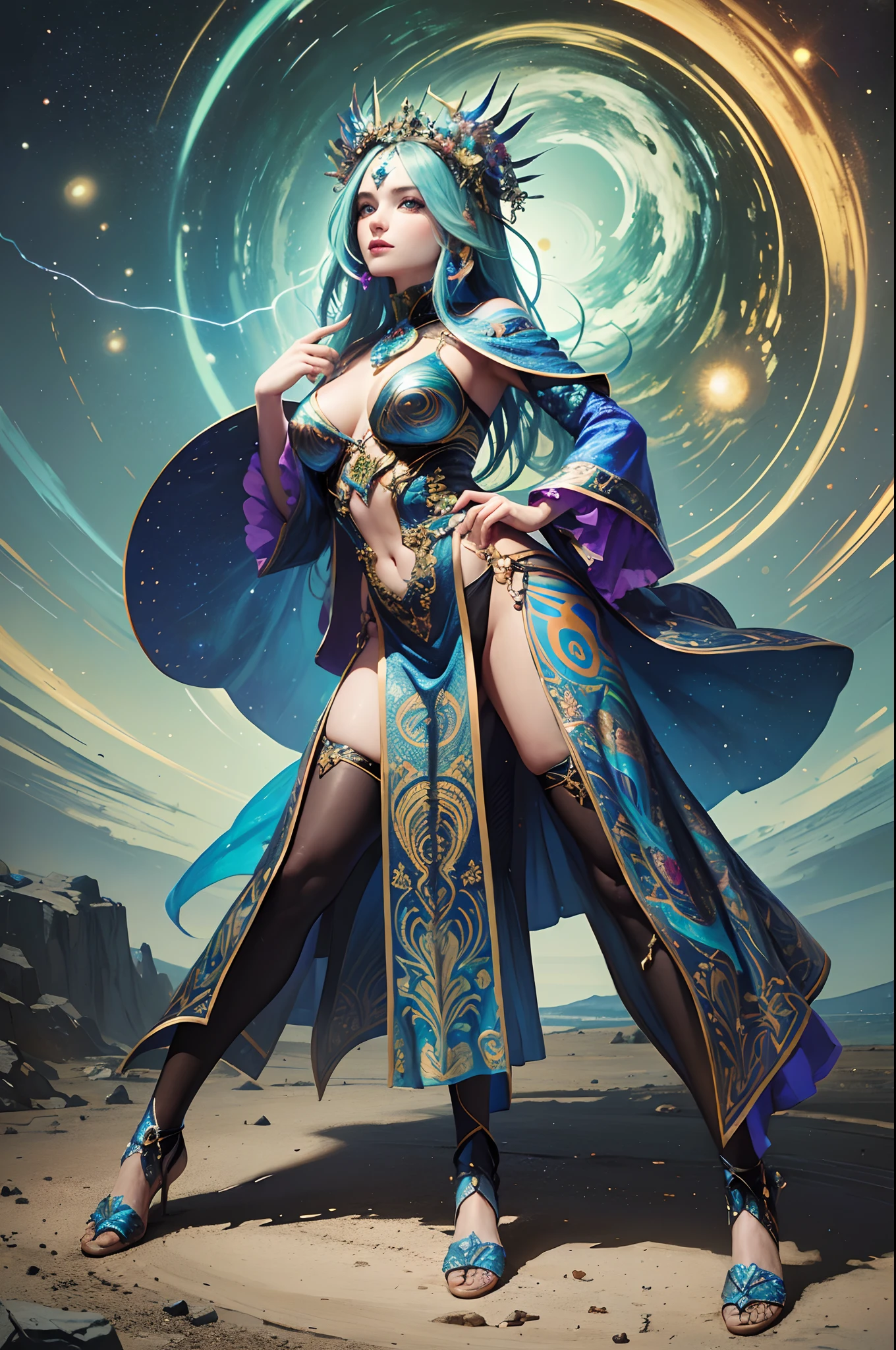 ((Best quality, 8k, Masterpiece :1.3)) beautiful woman: 1.3, beautiful face, full body portrait, whole body, saturated colors, psychedelic image, LSD, mandala, fractral, costume, tattoo, painted body, wedding outfit, body leaning forward, art similar to Alex Grey's art, lots of color saturation, vortex, ultra realistic, planet earth, galaxy, with lots of lighting,  shading and contrast, RPG, mage, realistic eyes, green iris, 3D depth --auto --s2