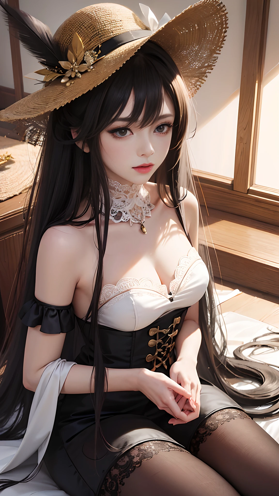 Drawing a woman with long hair and a feather hat, detailed portrait of anime girl, portrait anime girl, Artgerm. High detail, stunning anime face portrait, small breasts, digital anime art, art germ. Anime illustration, detailed digital anime art, anime girl portrait, orange lace, realistic digital art 4k, realistic digital art 4k, realistic, aesthetic, sitting poses,