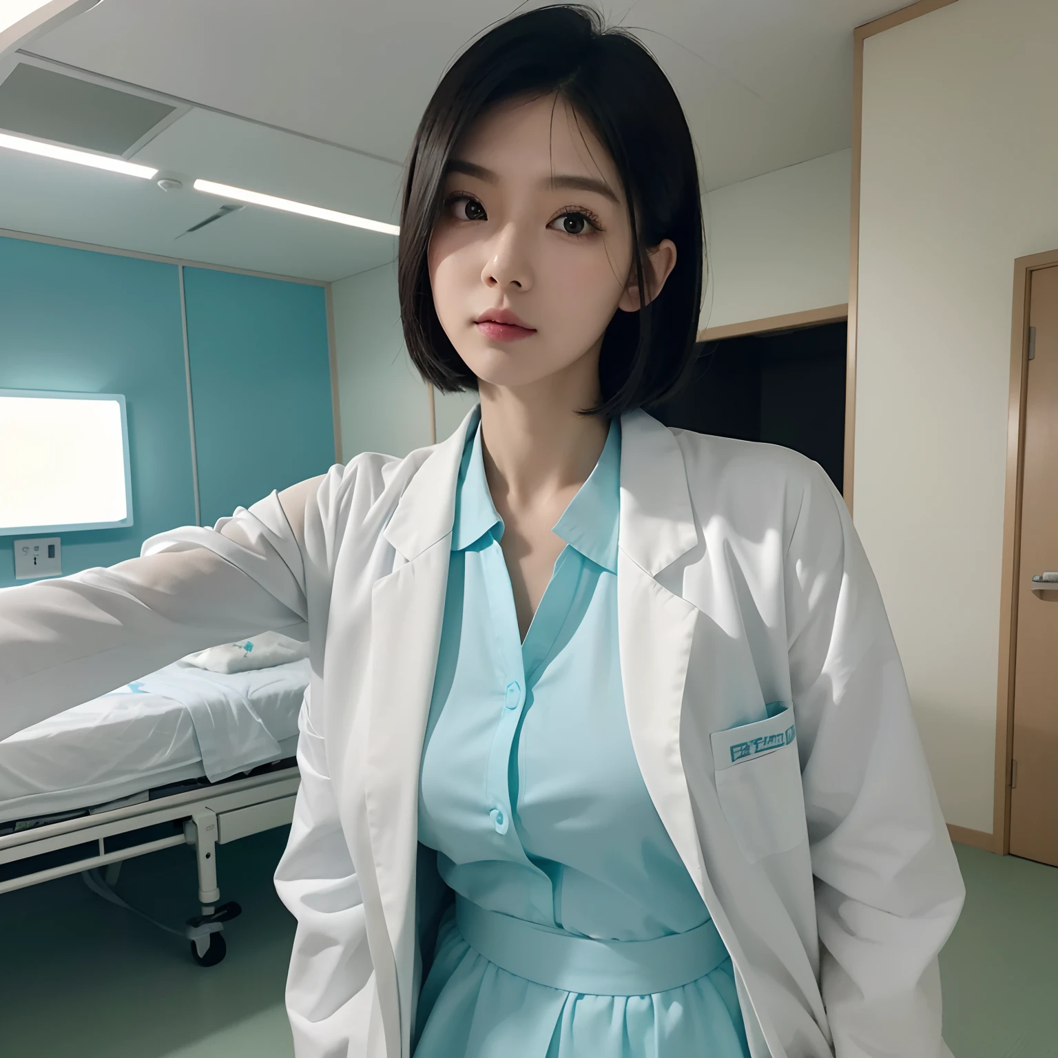 Cyan LED Lighting、Future、Hospital Room、Near Future Ward、Nurse、White nurse uniform、a picture、masterpiece、top-quality、Black Hair Bob、de pele branca、Beautiful Japan woman in different poses、hyperdetailed face、A detailed eye、Near Future Ward、Comfortable hospital room、Sense of cleanliness、