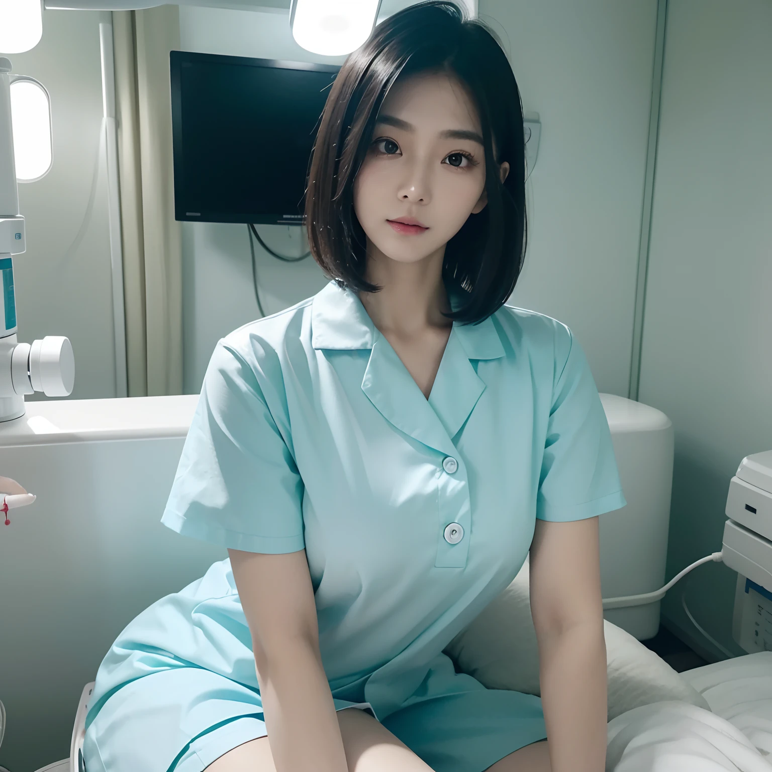 Cyan LED Lighting、Future、Hospital Room、Near Future Ward、Nurse、White nurse uniform、a picture、​masterpiece、top-quality、Black Hair Bob、de pele branca、Beautiful Japan woman in different poses、hyperdetailed face、A detailed eye、Near Future Ward、Comfortable hospital room、Sense of cleanliness、