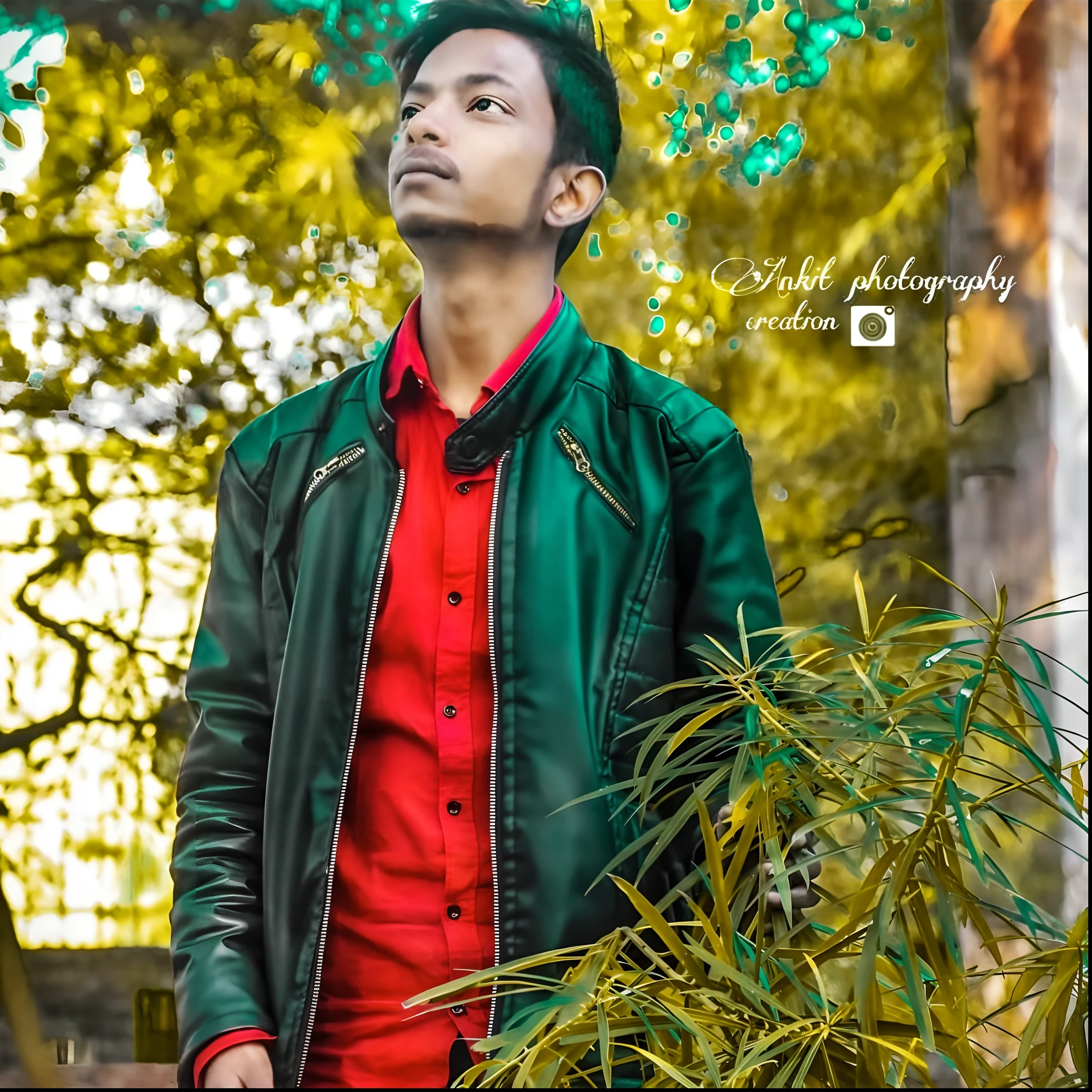arafed man in a green jacket and red shirt standing in front of a tree, casual photography, * colour splash *, photograpgy, colored photography, photography hight quality, amidst nature, !!! colored photography, candid photography, 38mm photograhpy, shot on nikon z9, with lovely look, modeling shoot, outdoor fine photography