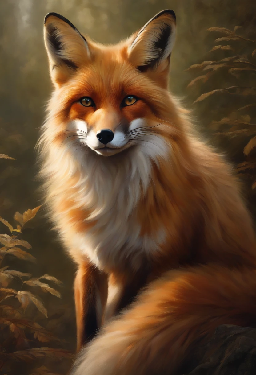 "(best quality,ultra-detailed,realistic:1.37),beautiful female fox with long fur and expressive eyes,graceful and confident pose,sharp focus on her delicate paws,rich and vibrant color palette,soft and warm lighting,medium:oil painting,featuring surrealistic elements,showcasing the intricate details of her feet and toes,adjustable claws and fluffy fur,with a hint of playful expression in her eyes,blending fantasy and reality,portraits,fluffy tail swaying in the wind,intense yet mysterious atmosphere"