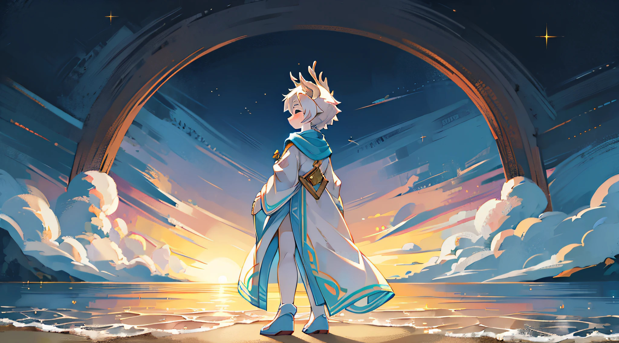 A white deer,stand on sand,the setting sun,blue-sky,eventide,back to look back,gentleness,Shota,adolable,long white robe,Green pattern,Close your eyes,having fun