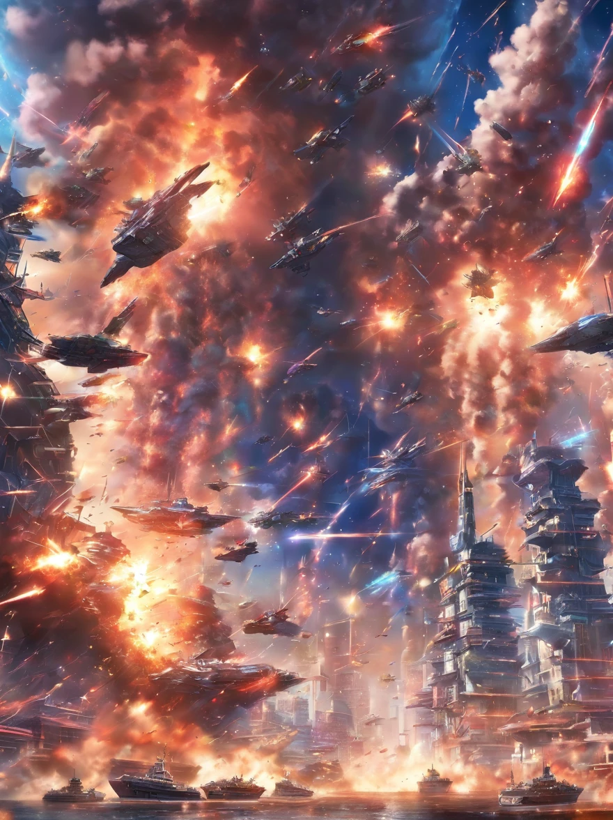 Lossless HD、4K、Excellent image quality、Space battleships attack Earth,City destruction scene