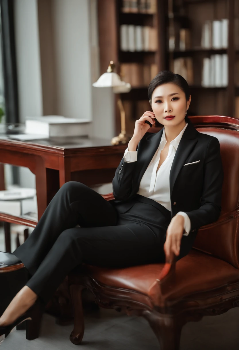 Wearing suits(((50-year-old Chinese female model))),sittinng on the desk, Girl in suit, girl in a suit, wearing a strict business suit, dressed in a suit, dressed in a suit, dressed in a suit, Wearing a red suit, dressed in a suit, Business suit, wearing a strict business suit, wearing a strict business suit, luxurious suit, In black suit, Administrative office