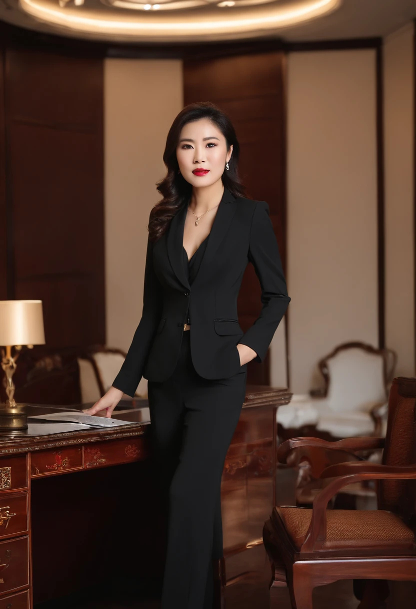 Wearing suits(((50-year-old Chinese female model))),sittinng on the desk, Girl in suit, girl in a suit, wearing a strict business suit, dressed in a suit, dressed in a suit, dressed in a suit, Wearing a red suit, dressed in a suit, Business suit, wearing a strict business suit, wearing a strict business suit, luxurious suit, In black suit, Administrative office