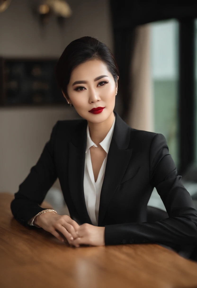 Wearing suits(((50-year-old Chinese female model))),sittinng on the desk, Girl in suit, girl in a suit, wearing a strict business suit, dressed in a suit, dressed in a suit, dressed in a suit, Wearing a red suit, dressed in a suit, Business suit, wearing a strict business suit, wearing a strict business suit, luxurious suit, In black suit, Administrative office