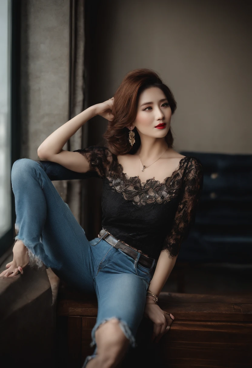 nsfw, tmasterpiece, Best quality at best, an Quority(((aged 40))Middle-aged woman(((Model model))),Black lace on the upper body(((Lace shirt))),Lower jeans, Detailed face view, , , inside in room, ulzzang,