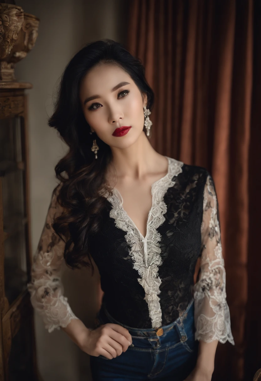 nsfw, tmasterpiece, Best quality at best, an Quority(((aged 40))Middle-aged woman(((Model model))),Black lace on the upper body(((Lace shirt))),Lower jeans, Detailed face view, , , inside in room, ulzzang,