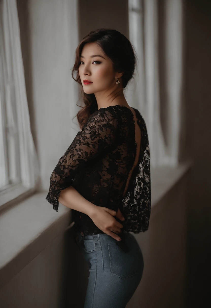 nsfw, tmasterpiece, Best quality at best, an Quority(((aged 40))Middle-aged woman(((Model model)))，Black lace on the upper body(((Lace shirt)))，Lower jeans, Detailed face view, , , inside in room, ulzzang,