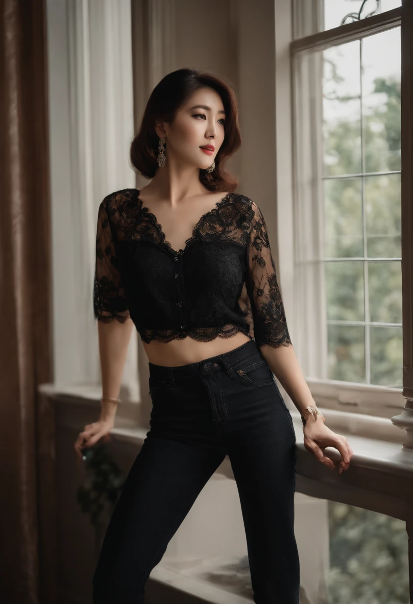 nsfw, tmasterpiece, Best quality at best, an Quority(((aged 40))Middle-aged woman(((Model model))),Black lace on the upper body(((Lace shirt))),Lower jeans, Detailed face view, , , inside in room, ulzzang,