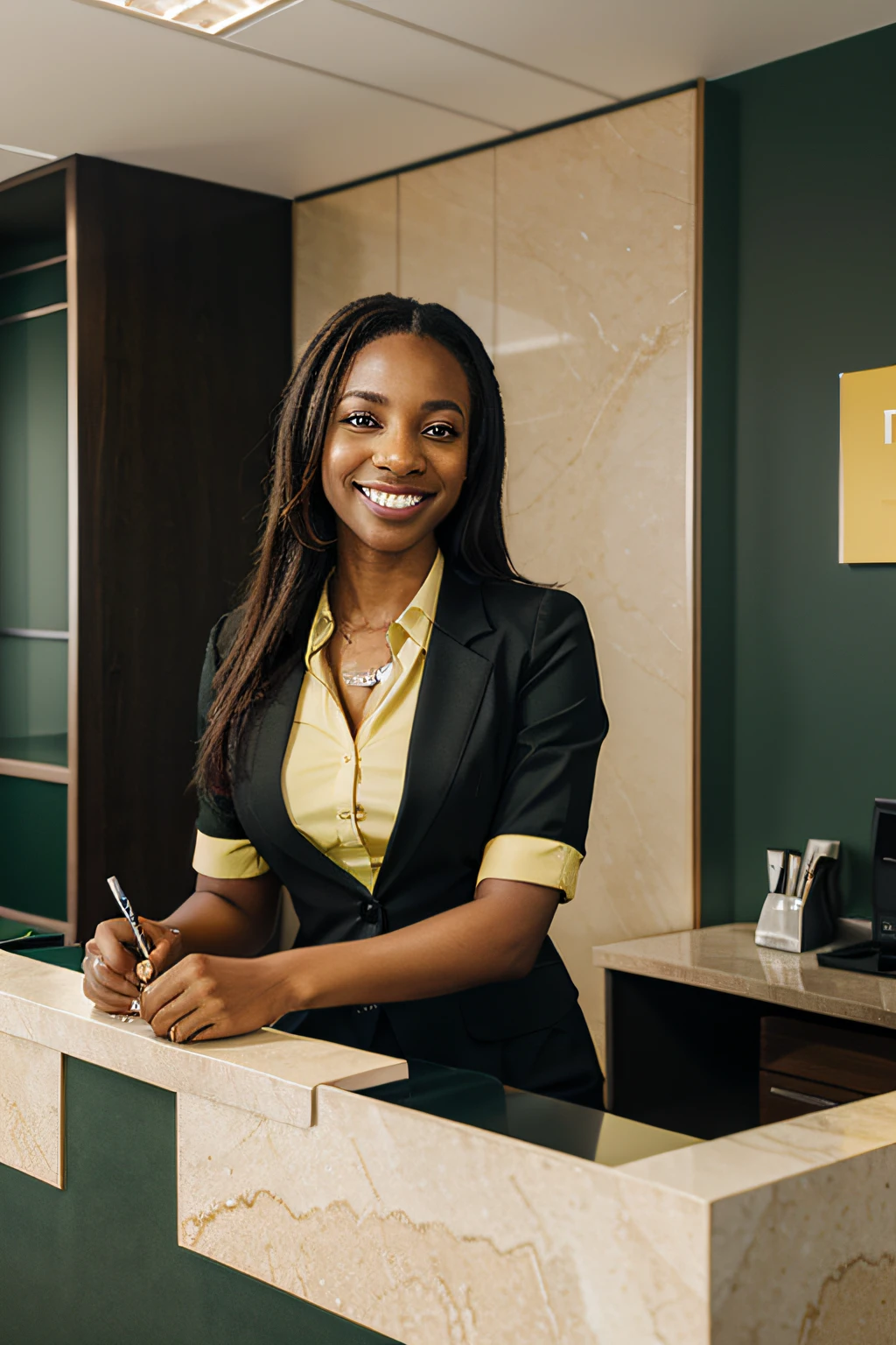realistic green and gold color scheme law firm office reception with beautiful black receptionist smiling, write the logo "Mohale" on the wall, 4k, stunning