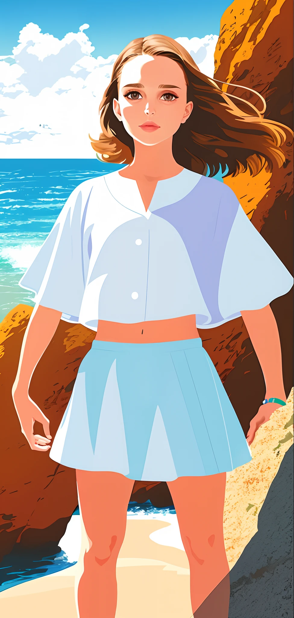 flat vector art,alive colors,joyful colors,medium shot portrait,front view,a young girl,natalie portman,standing on a rock,watching the sea,sunny day,