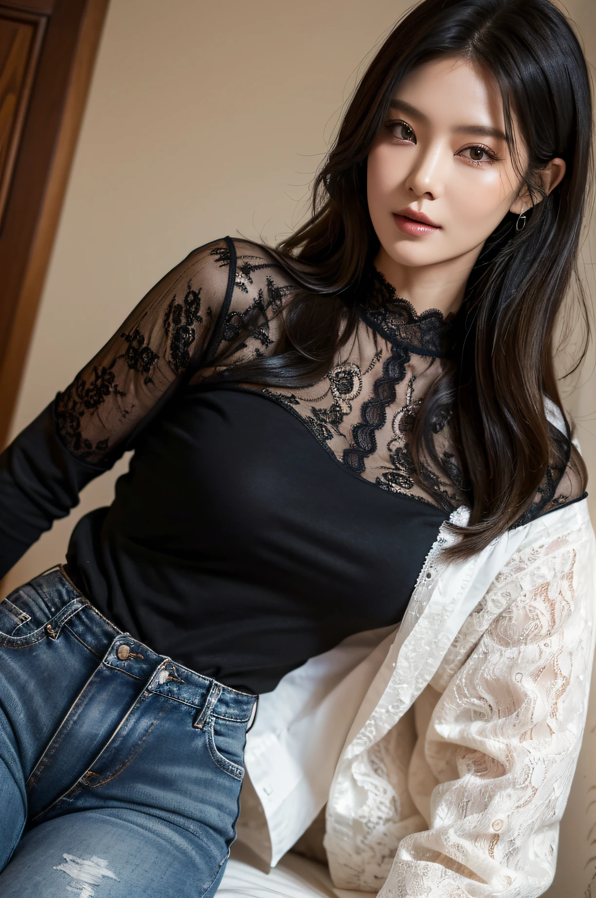 nsfw, tmasterpiece, Best quality at best, A 40-year-old middle-aged woman(((Model model)))，Black lace on the upper body(((Lace shirt)))，Lower jeans, Detailed face view, , , inside in room, ulzzang,