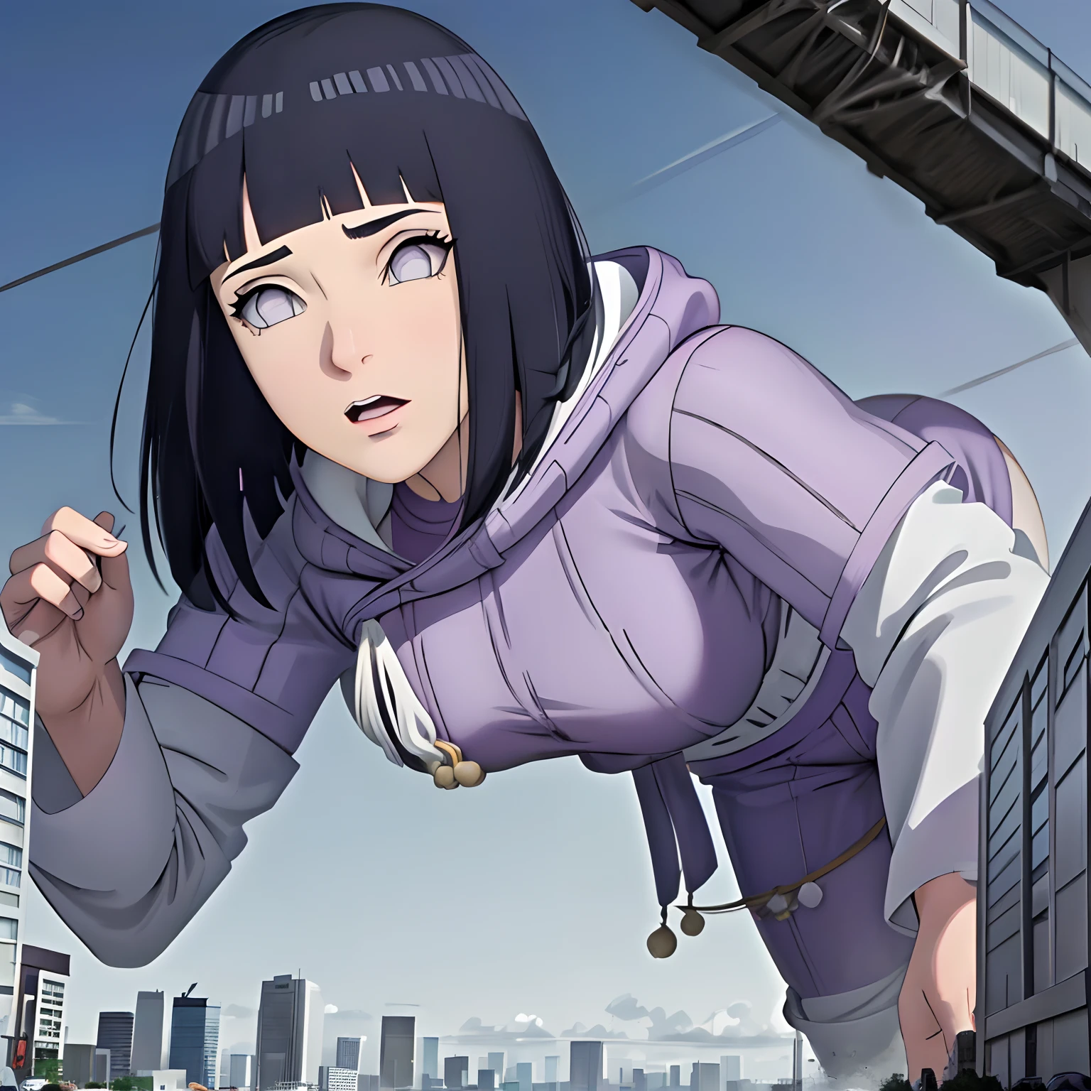 una giganta,Dibujo en perspectiva,Cabello sobre el pecho,Skysky,una giganta,obra maestra, absurdos, hinata \ (boruto \), 1girl, solo, hembra madura, purple hoodie, mangas en capas, pantalones marrones, Perfectcomposition, labios detallados, pecho grande, cara hermosa, body propotion, rubor, (labios rosados), cabello largo, ojos morados, , super-realistic, detallado, cara y cuerpo realistas, cabello realista, ojos realistas, nariz realista, labios realistas,colosal con punto de vista desde el suelo con pisando la ciudad,grandes tetas sobre la ciudad,sfw