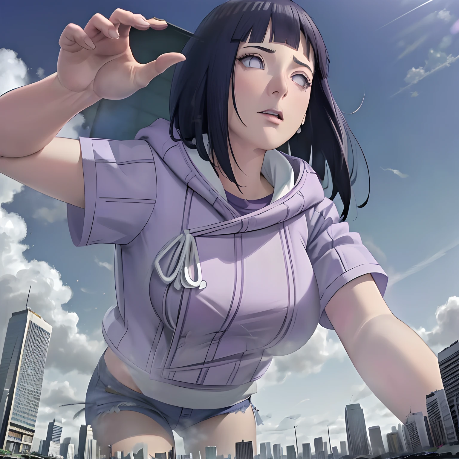 una giganta,Dibujo en perspectiva,Cabello sobre el pecho,Skysky,una giganta,obra maestra, absurdos, hinata \ (boruto \), 1girl, solo, hembra madura, purple hoodie, mangas en capas, pantalones marrones, Perfectcomposition, labios detallados, pecho grande, cara hermosa, body propotion, rubor, (labios rosados), cabello largo, ojos morados, , super-realistic, detallado, cara y cuerpo realistas, cabello realista, ojos realistas, nariz realista, labios realistas,colosal con punto de vista desde el suelo con pisando la ciudad,grandes tetas sobre la ciudad,sfw