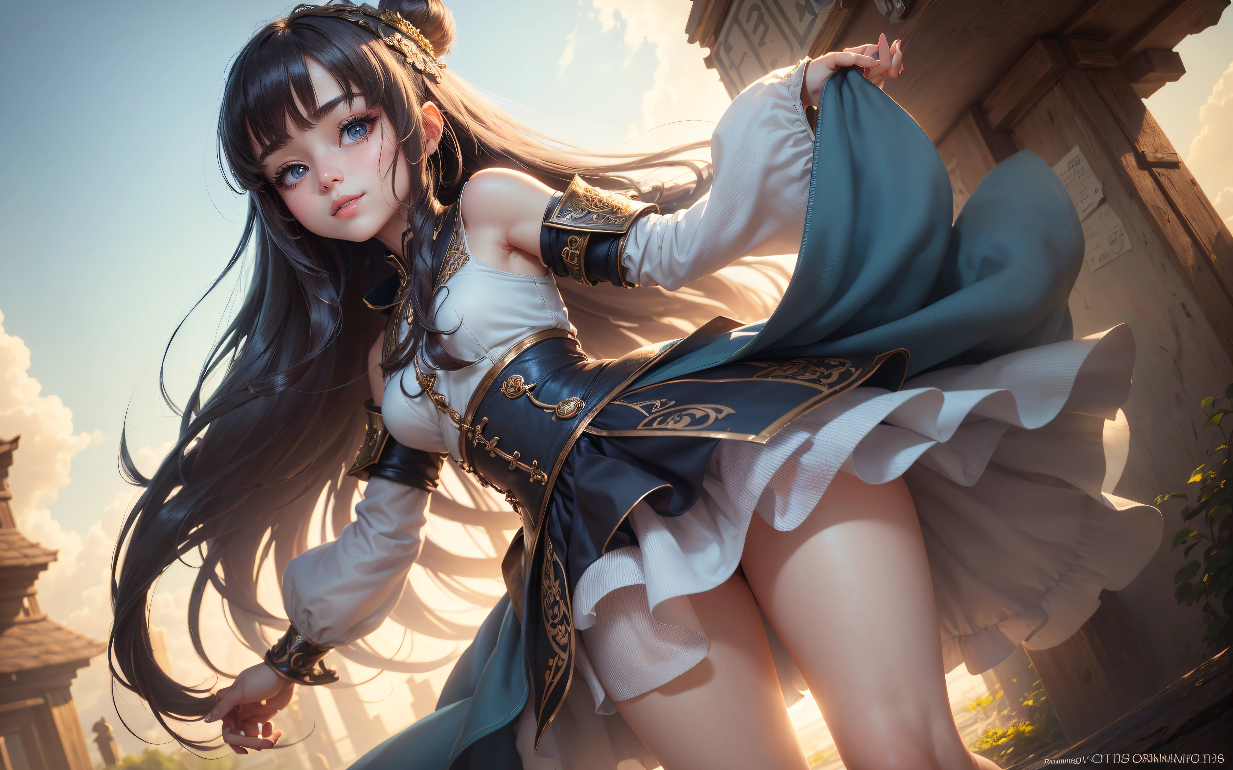 (Best picture quality, 8K, masterpiece: 1.3)), Sharp focus: 1.2, ((Cute girl Face, Both Eyes same)), ((One Girl, Dwarf Girl, Slightly Skinny, Long Hairs, Two legs)), ((Hide Fingers)), ((Cover Upper Part of Leg, Cover Thigh)), ((Perfect Face, Perfect Eyes, Bangs, Slim Cheeks, Perfect Lips)), ((Highly detailed face, Smile, standing on your feet:1.2)), ((Highly detailed facial and skin texture)), (Full clothes, wearing full clothes), (cute), (anime girl in a dress, Long skirt, artwork, fantasy art style, art, closeup fantasy, CGI anime fantasy artwork, art)