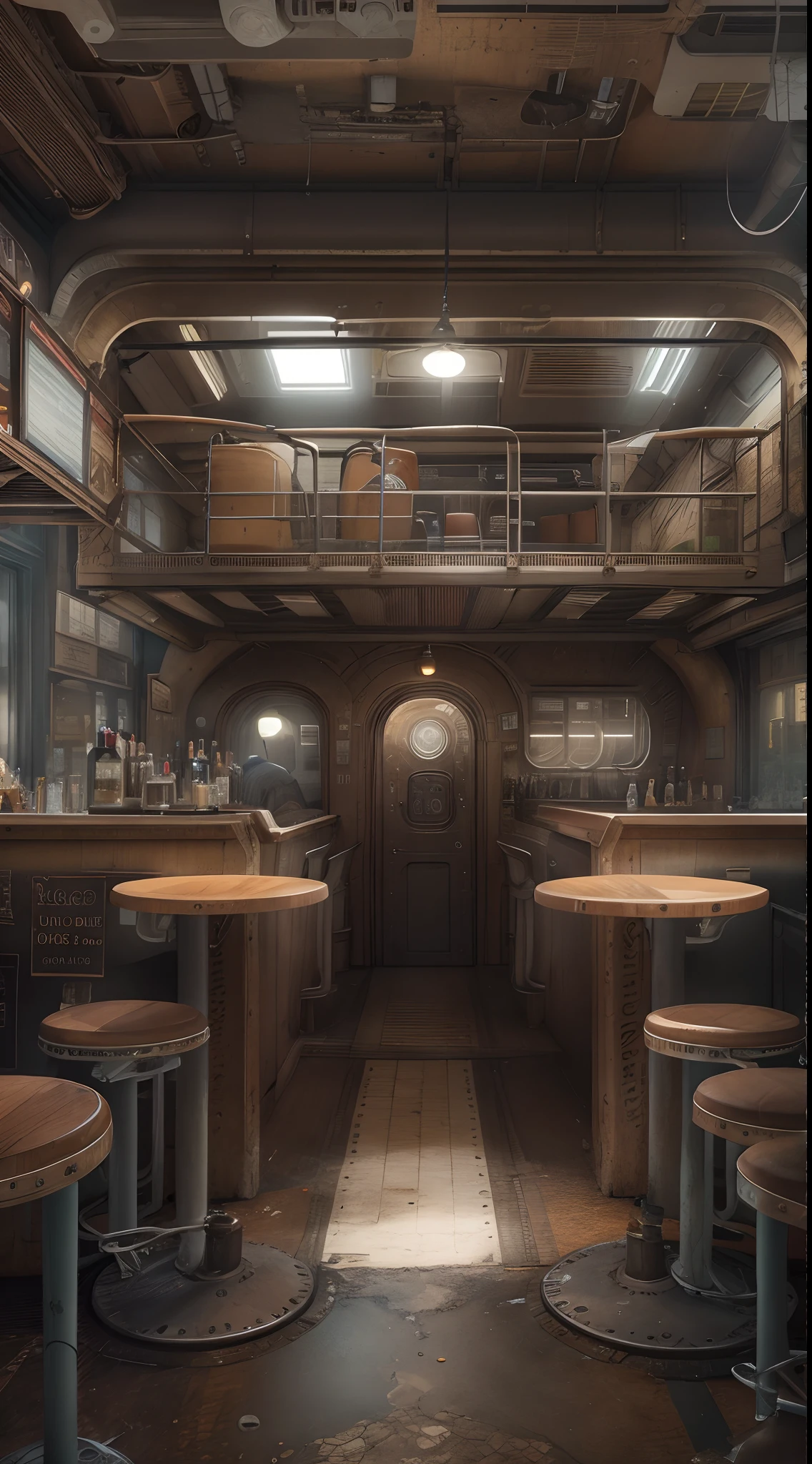 Dieselpunk AI:Spacious Double decker Unmanned Bar,(Photorealistic:1.2),(depth of fields)