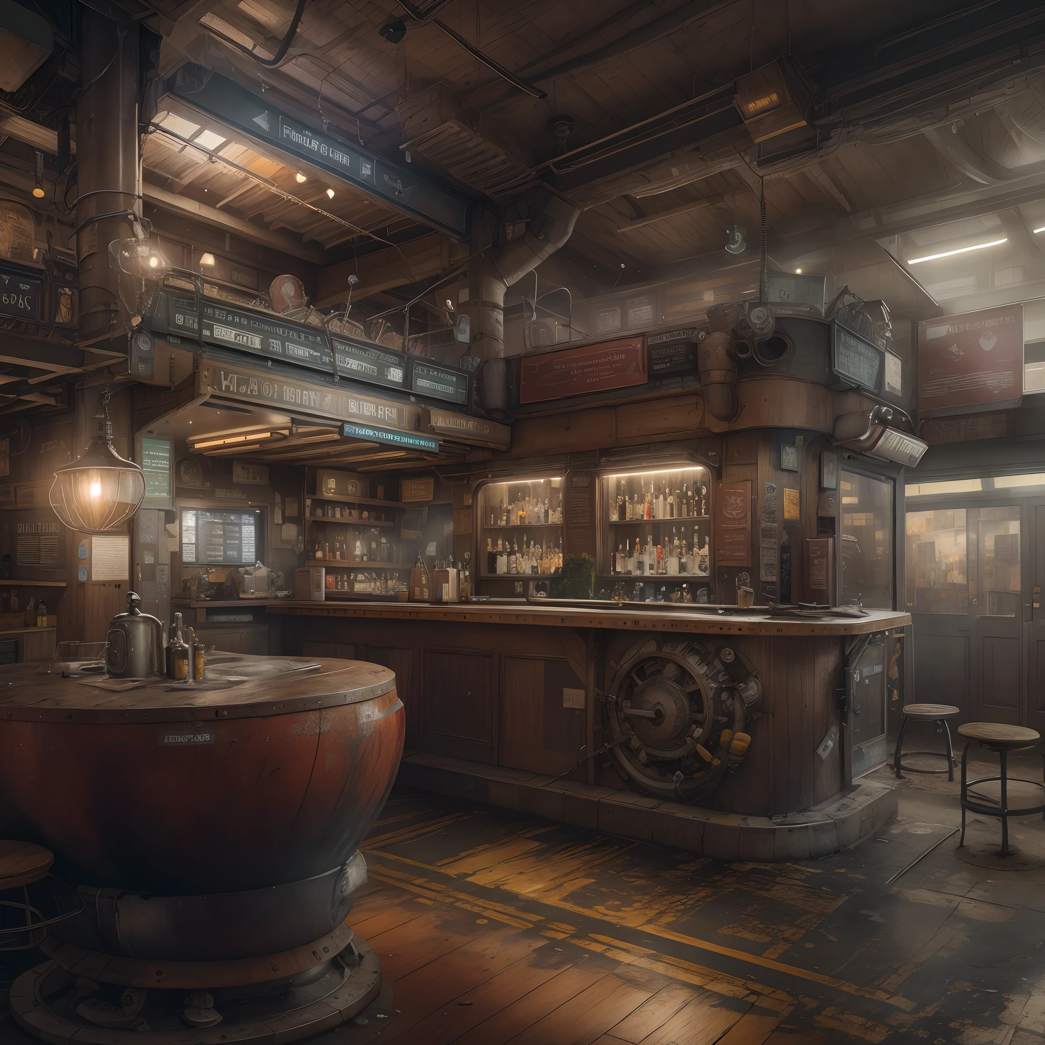 Dieselpunk AI:Spacious Double decker Unmanned Bar,(Photorealistic:1.2),(depth of fields)