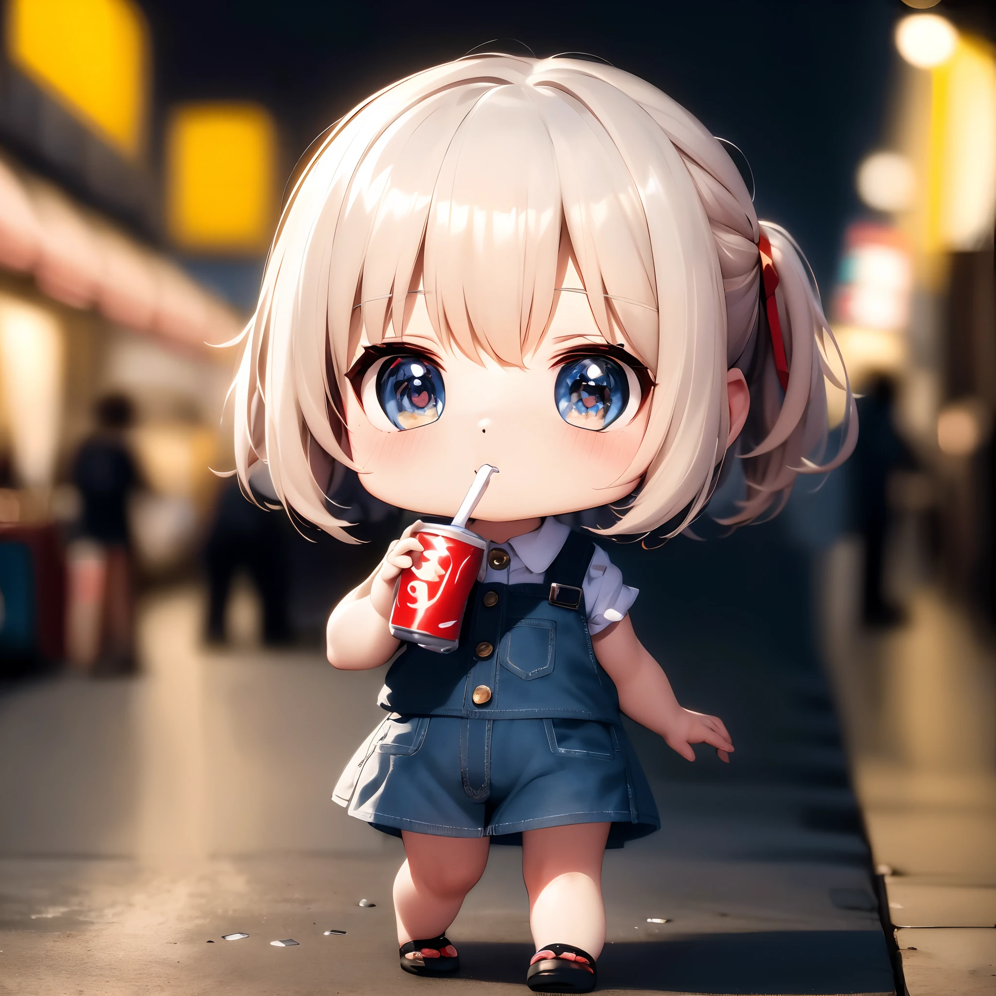 Anime girl drinking soda with blonde hair and blue eyes, render of a cute 3d anime girl, soda themed girl, cute 3d render, anime girl drinks energy drink, style as nendoroid, Cute anime girl, small **** girl, realistic anime 3 d style, cute detailed digital art, Anime style. 8K, Photorealistic anime girl rendering