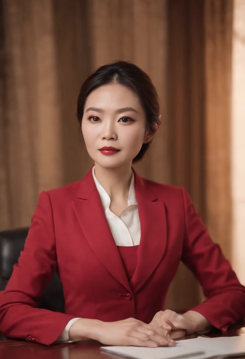 Wearing suits(50-year-old Chinese female model),sittinng on the desk, Red suit, red suit, dressed in a suit, Business suit, wearing a strict business suit, wearing a strict business suit, luxurious suit, Red suit, Administrative office