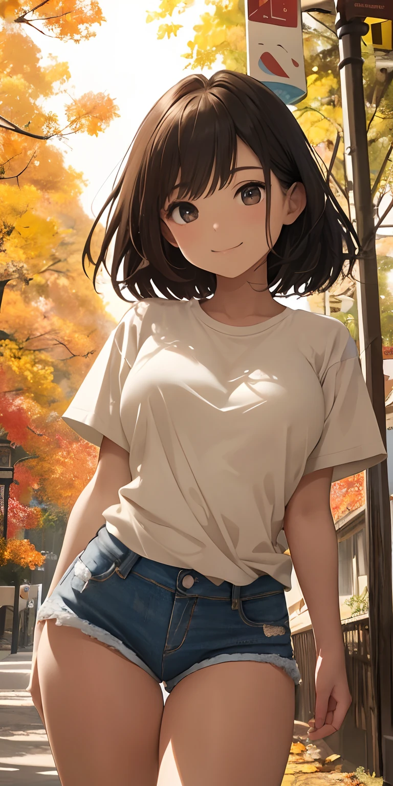 top-quality、Top image quality、​masterpiece、12 year old girl、skin gloss、Sideways view、Buttock emphasis、Dynamic super close-up looking up from below with slightly larger breasts、Slightly thicker emphasis on the thighs、Beige T-shirt denim shorts、Bare legged、Face Real、Face smile、Autumn foliage、Versatile sexy poses