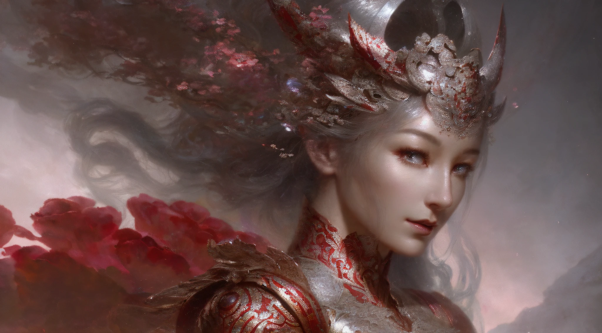 Solo，Close-up of a woman in a silver and red dress，Pan Chengwei on ArtStation，by Yang J，detailed fantasy art，Stunning character art，Fanart Meilleure ArtStation，epic exquisite  character art，Beautiful armor，extremely detailed art germ，Detailed digital anime art，Artgerm on ArtStation Pixiv，Armor Girl