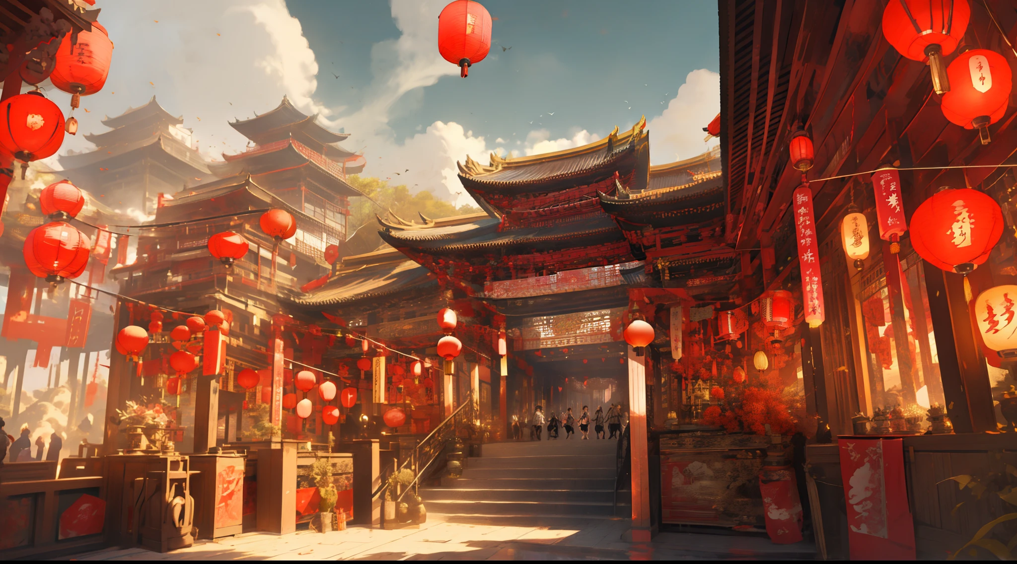 buliding，east asian architecture，scenecy，Lanterns，exteriors，Skysky，paper lanterns，​​clouds，build，The tree，standing on your feet，mont，daysies，tmasterpiece，Best quality at best，No Man