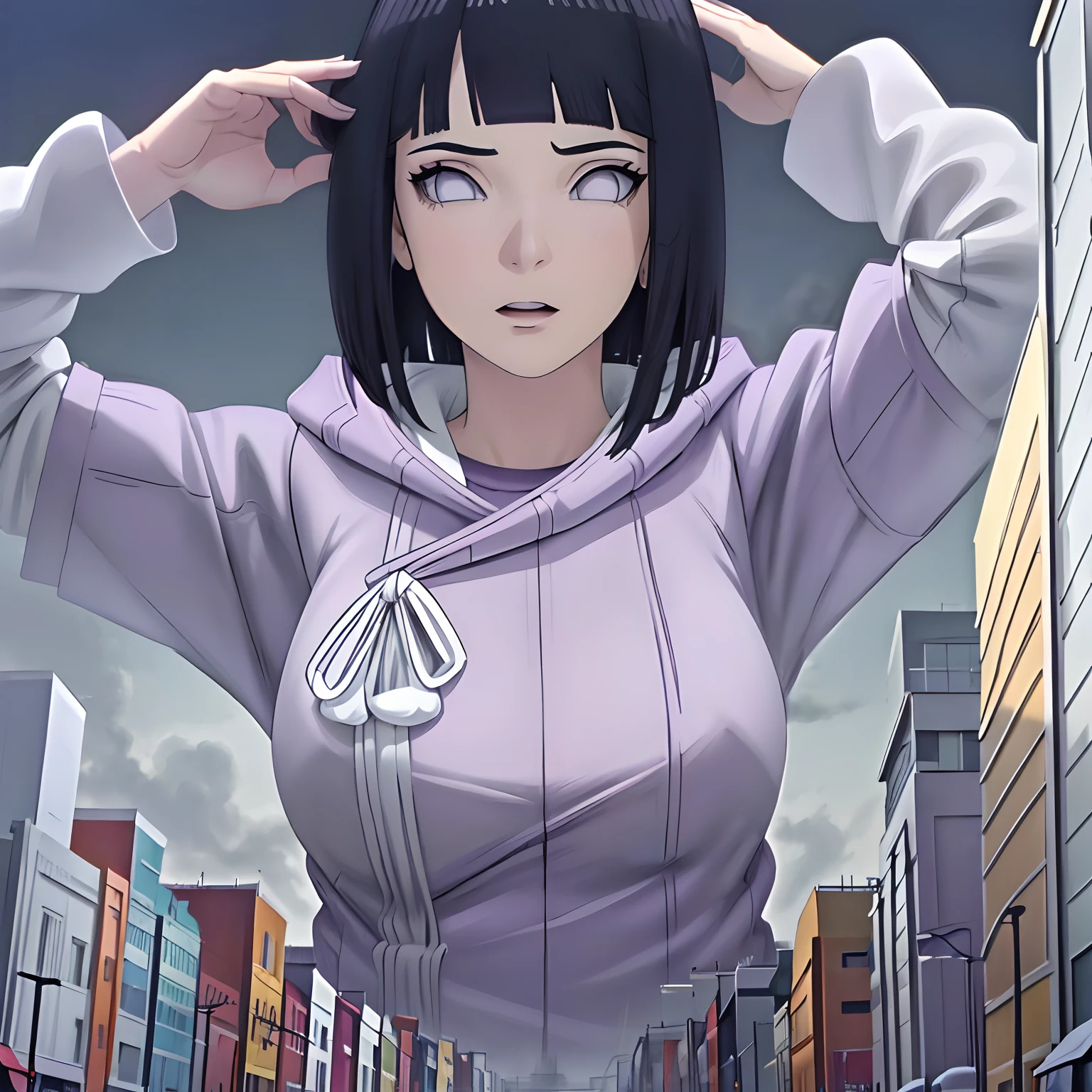 una giganta,Dibujo en perspectiva,Cabello sobre el pecho,Skysky,una giganta,obra maestra, absurdos, hinata \ (boruto \), 1girl, solo, hembra madura, purple hoodie, mangas en capas, pantalones marrones, Perfectcomposition, labios detallados, pecho grande, cara hermosa, body propotion, rubor, (labios rosados), cabello largo, ojos morados, , super-realistic, detallado, cara y cuerpo realistas, cabello realista, ojos realistas, nariz realista, labios realistas,colosal con punto de vista desde el suelo con pisando la ciudad,grandes tetas sobre la ciudad,sfw