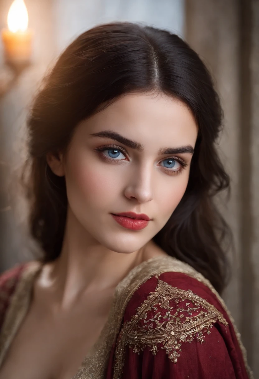 (((a deep reddish wound crosses her left cheek))) fair complexion, Arab woman around 19 years old, natural black hair, distinctive blue eyes, wearing kohl, slender and graceful, beautiful, candlelight in a medieval setting, ultra sharp focus, realistic shot, medieval female clothes, tetradic colors (scar:1.4)