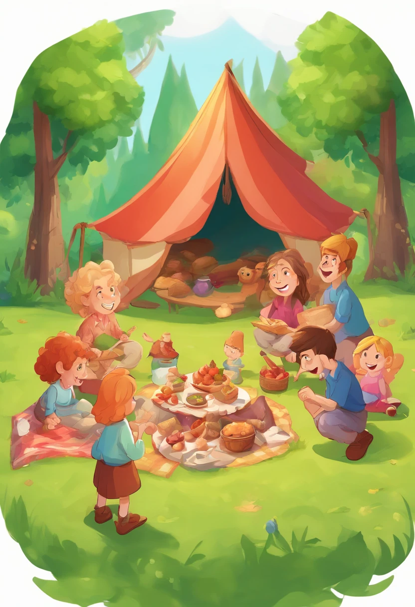 Family members set up picnic tents in the forest, filled the air with cheerful laughter and birds singing, 3D children's cartoons, and high render