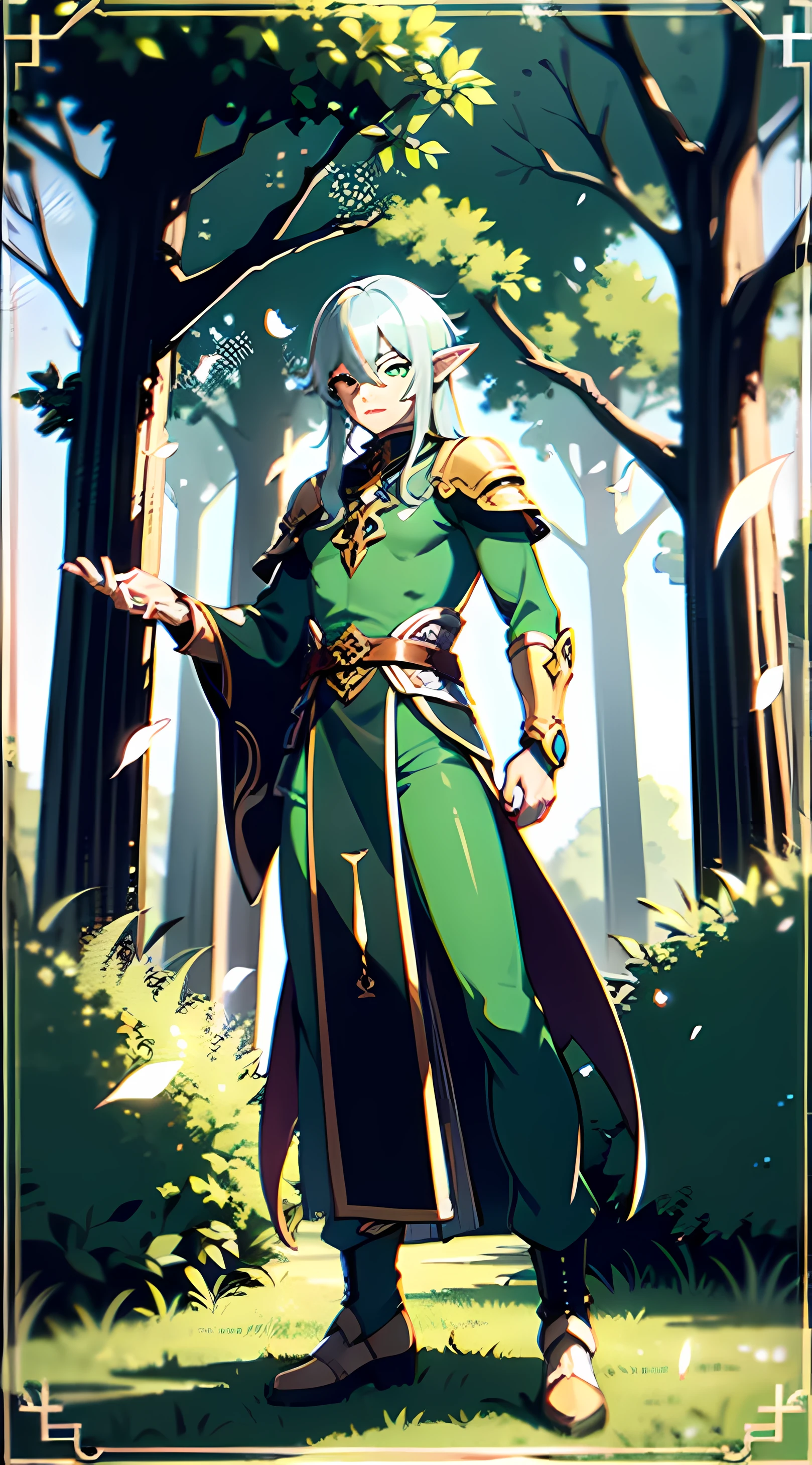 male elf druid fullbody, green clothes, long silver hair, teenager, 1,6m heigth, framed, dinamic pose, ligth particle, genshin impact style, high detailed, male, green eyes, green clothes, fantasy clothes, rpg, forest theme