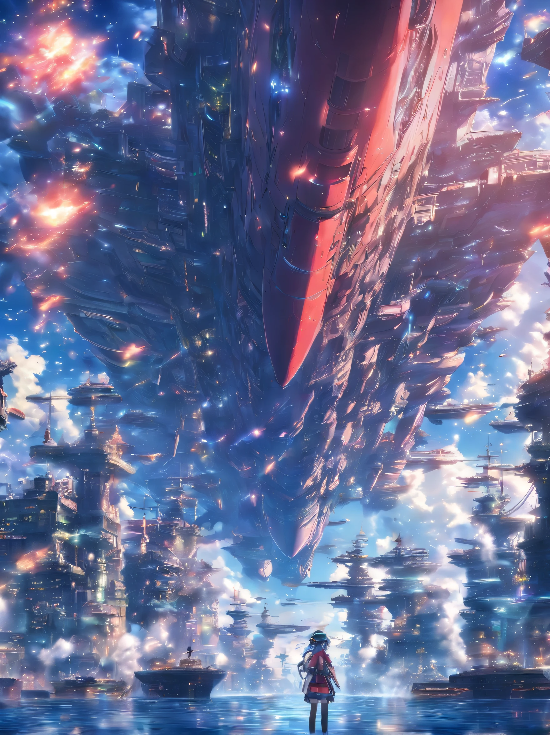 Lossless HD、4K、Excellent image quality、Large space battleship,Floating in the air,urban backdrop