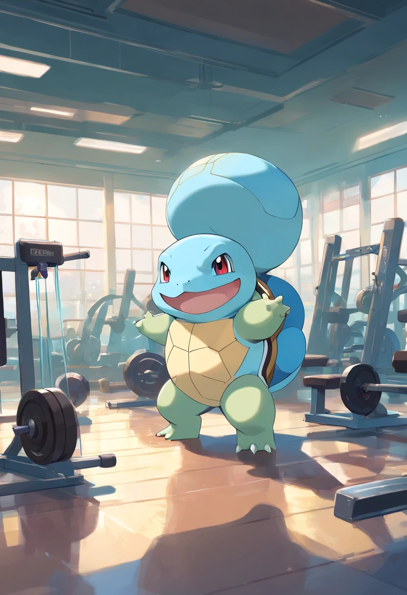 A Squirtle doing intensive weight training in a gym.