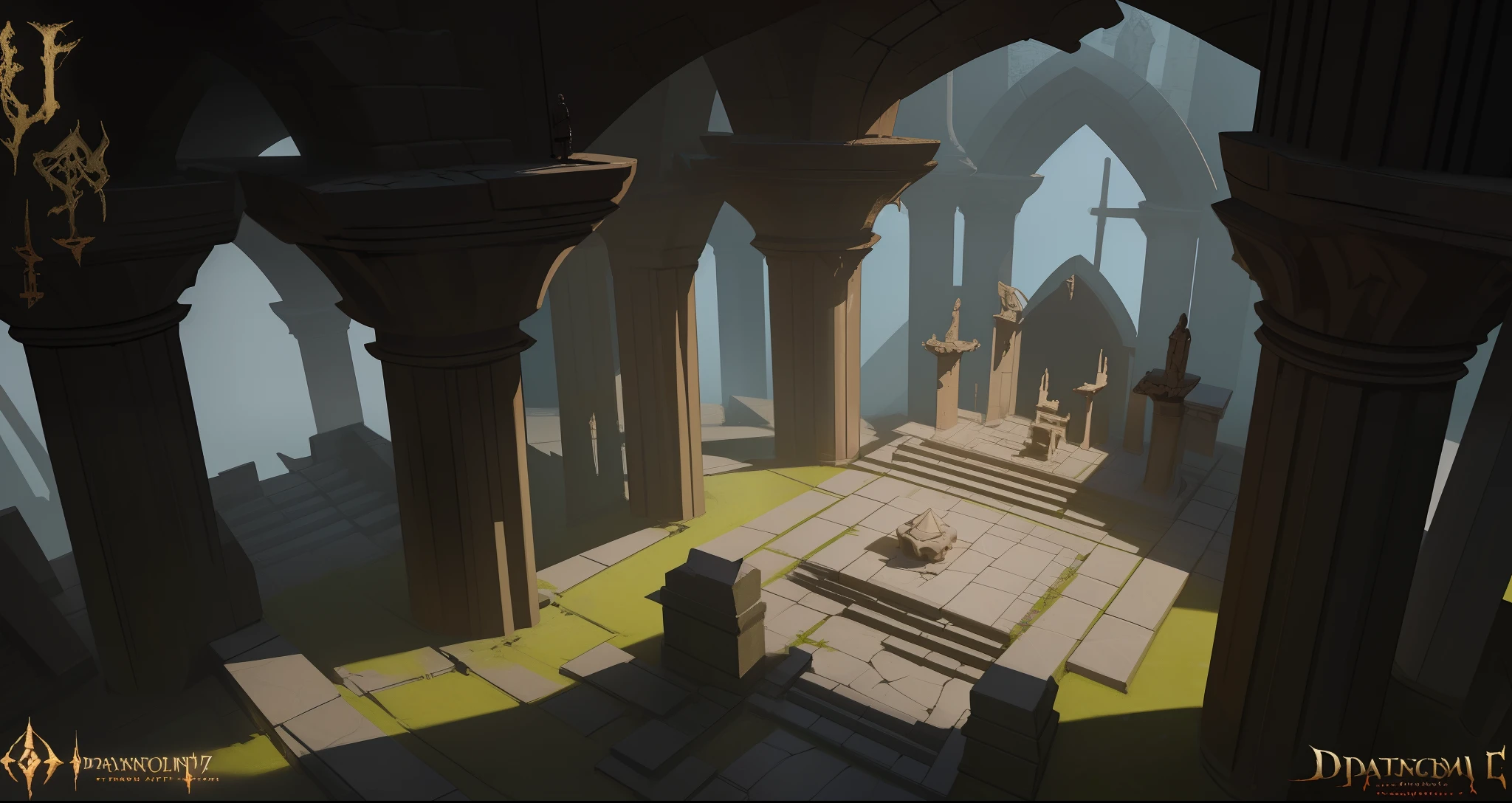 Dramatic lighting. concept-art, award winning concept artist, dark cinematic concept art, dramatic concept art, concept art stunning atmosphere, 4K concept art, High quality digital concept art, 4 k concept art,3D rendering of a castle with courtyard and stairs, ancient dungeon, dark concept art, by senior environment artist, battle map prop, library of ruina concept art, dungeon, Complex detailed environment, detailed and complex environment, dwarven architecture, dark fantasy environment, highly detailed concept art,(Underground ruins:1.6),(inside in room:1.5),ancient civilizations,Empty square,altar,The stonework,Ancient technology,Underground Palace,Lush ivy