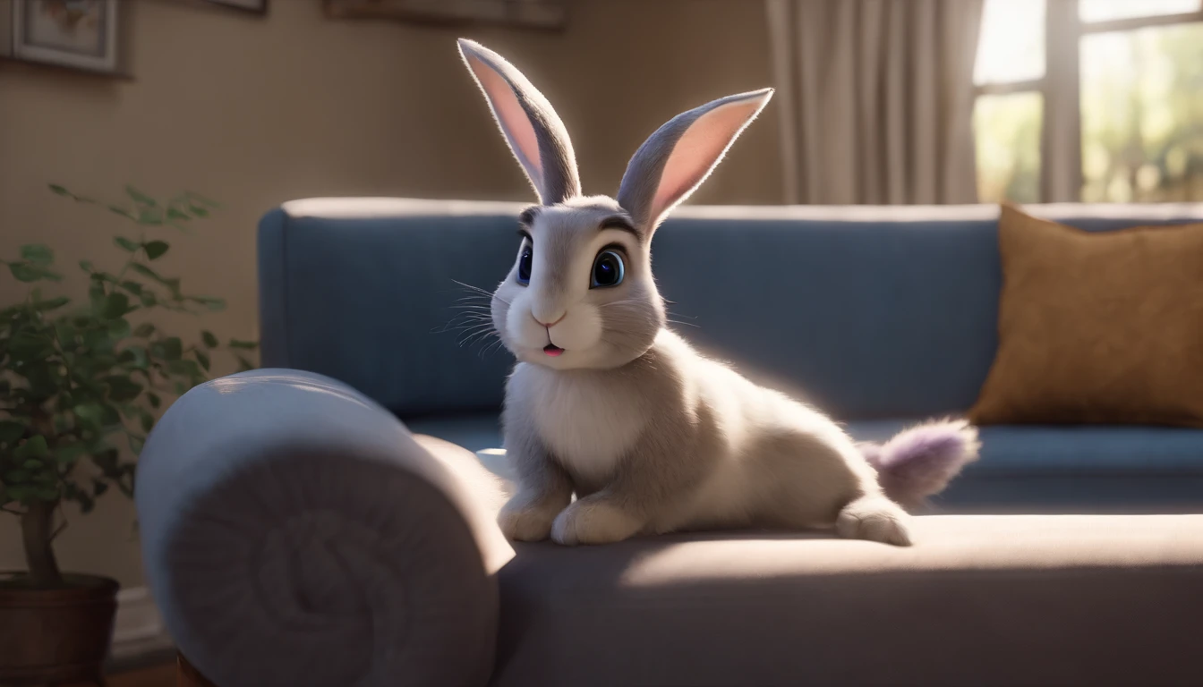 [JudyHopps], [Uploaded to e621.net; (Pixelsketcher), (wamudraws), (siroc)], ((masterpiece)), ((solo portrait)), ((1girl)), ((full body)), ((raw photo)), ((furry; anthro)), ((detailed fur)), ((raytracing)), ((detailed shading)), ((beautiful 3D art)), ((ambient lighting)), {anthro rabbit; (grey fur, black nose, multicolored rabbit ears, grey bunny tail), cute purple eyes, frown, (lavender tee shirt, small boobs, blue lounge shorts, curvaceous hips), (beautiful feet; 4 toes)}, ((laying on couch; watching tv), attractive pose), [background; (apartment; (window, nighttime, starry sky), flower vase, tv],by miles df, ((super detailed body)), ((cute smile)),((blushing)), ((in love))