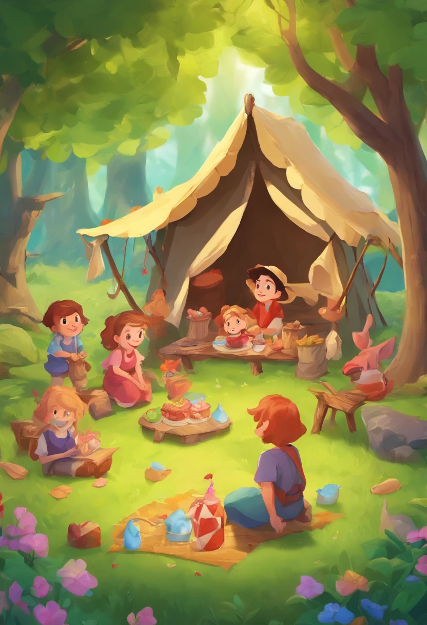 Family members pitching picnic tents in the forest, The air is filled with cheerful laughter and birds singing, 3D children's cartoon, and high rendering