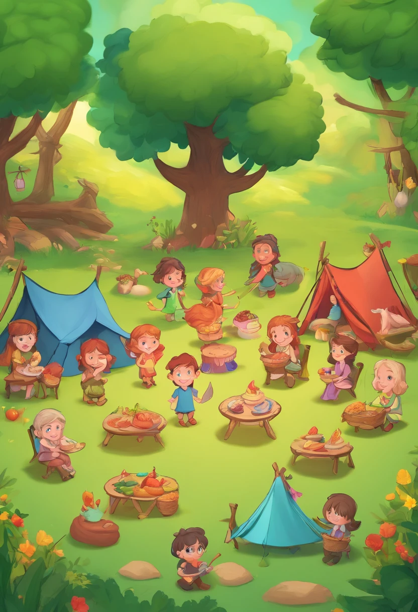 Family members pitching picnic tents in the forest, The air is filled with cheerful laughter and birds singing, 3D children's cartoon, and high rendering