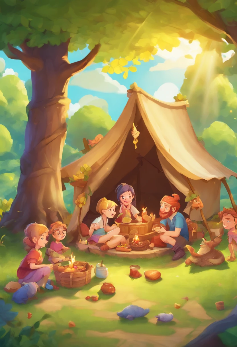Family members pitching picnic tents in the forest, The air is filled with cheerful laughter and birds singing, 3D children's cartoon, and high rendering