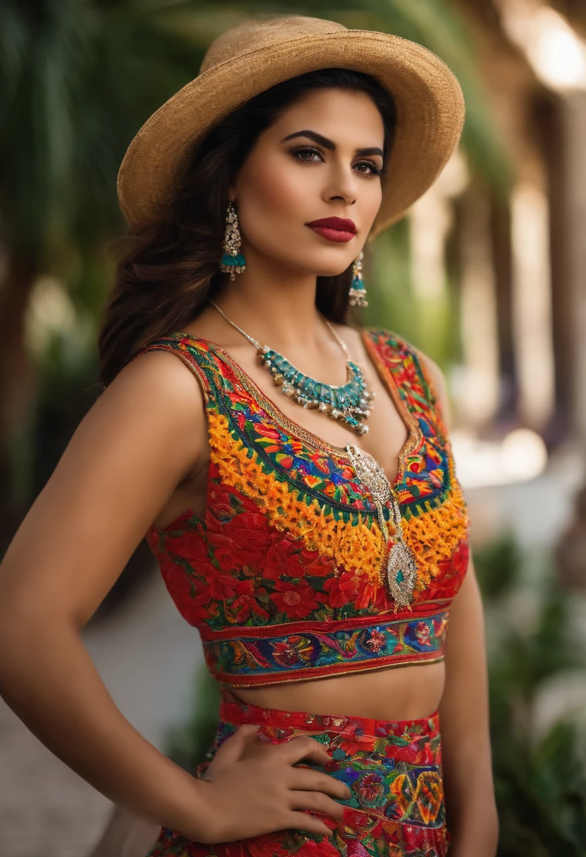 Na imagem, A single Brazilian woman stands out as the embodiment of beauty and elegance. She's impeccably dressed, with an attire that reflects the culture and fashion of Mexico, enhancing your breathtaking appearance. Her plump lips and delicate features highlight her exceptional beauty. This woman is truly the most beautiful among all women, radiating charm and grace in a scene that celebrates Mexican fashion and culture.