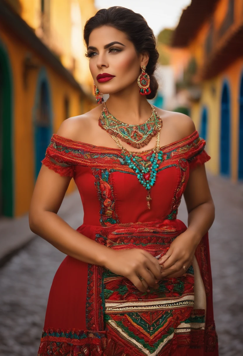 Na imagem, A single Brazilian woman stands out as the embodiment of beauty and elegance. She's impeccably dressed, with an attire that reflects the culture and fashion of Mexico, enhancing your breathtaking appearance. Her plump lips and delicate features highlight her exceptional beauty. This woman is truly the most beautiful among all women, radiating charm and grace in a scene that celebrates Mexican fashion and culture.