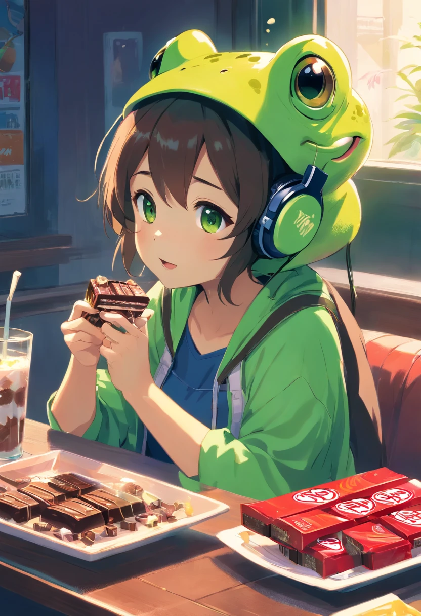 A masterpiece green frog with headphones eating kitkat chocholate, fatness