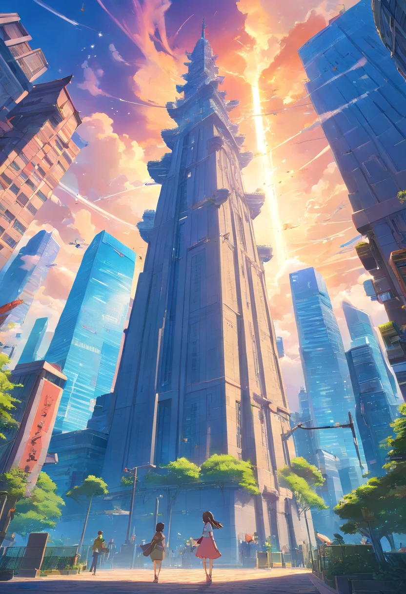 Fantasy Tower of the Land, Sky-high buildings, MagicWorld, cloud, A tower surrounded by magical elements, Magical creatures, Magic Beast, Cinematic, intricately and hyper-detailed, (ultra-detailed CG unity 8k Wallpaper), Shot from below, low angles, one-point perspective
