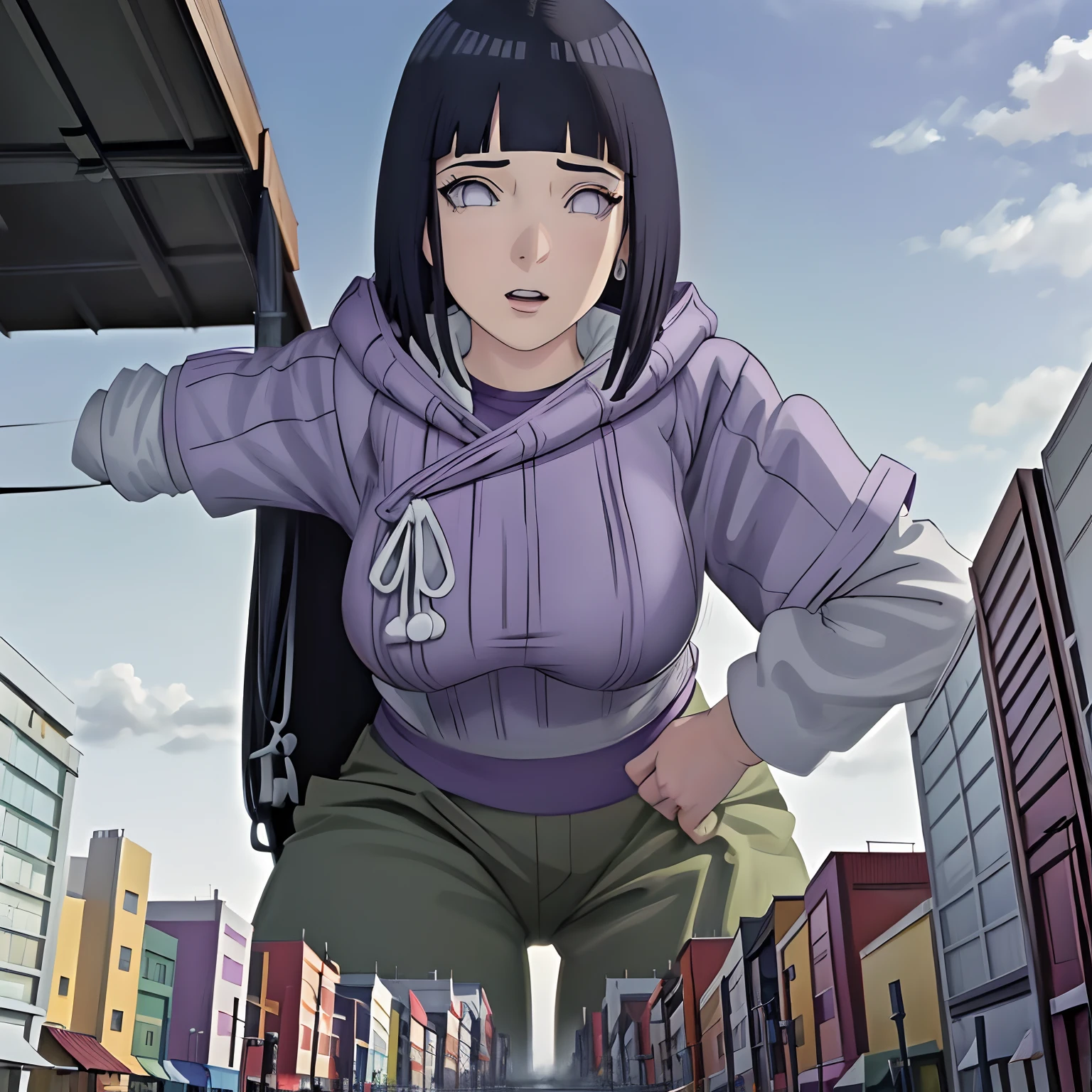 una giganta,Dibujo en perspectiva,Cabello sobre el pecho,Skysky,una giganta,obra maestra, absurdos, hinata \ (boruto \), 1girl, solo, hembra madura, purple hoodie, mangas en capas, pantalones marrones, Perfectcomposition, labios detallados, pecho grande, cara hermosa, body propotion, rubor, (labios rosados), cabello largo, ojos morados, , super-realistic, detallado, cara y cuerpo realistas, cabello realista, ojos realistas, nariz realista, labios realistas,colosal con punto de vista desde el suelo con pisando la ciudad,grandes tetas sobre la ciudad,sfw